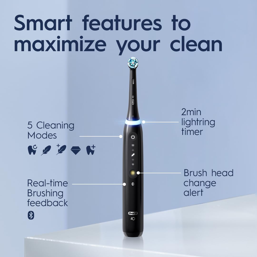 Oral-B iO Deep Clean + Whiten Rechargeable Electric Toothbrush with Visible Pressure Sensor, 2 Minute Timer, 5 Cleaning Settings, 1 iO5 Limited, 3 Toothbrush Heads, Travel Case & Refill Holder, Black