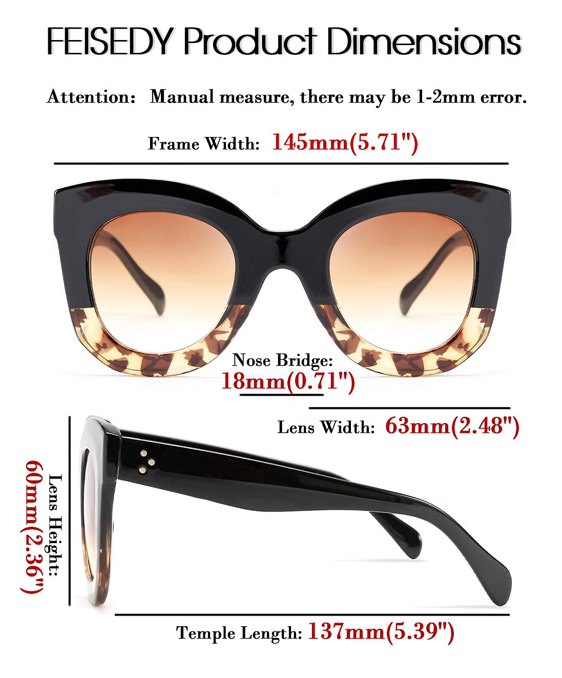 Retro Oversized Square Horn Sunglasses Semi Cat Eye Butterfly Glass Big Thick Bold Frame