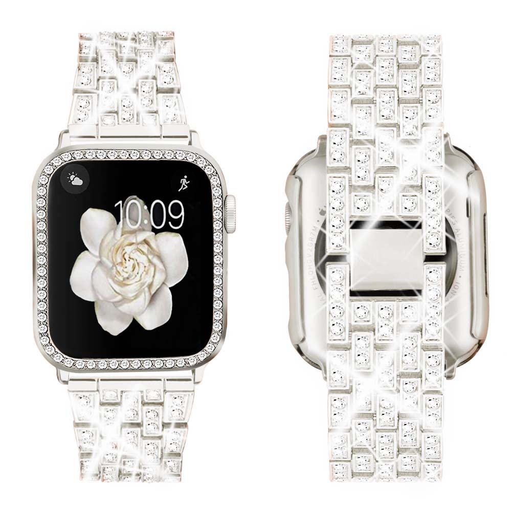 Supoix Compatible with Apple Watch Band 38mm 40mm 41mm 42mm 44mm 45mm 46mm 49mm+ Case, Women Jewelry Bling Diamond Rhinestone Replacement Metal Bands & 2 Pack PC Protector Case for iWatch Ultra 2/ Ultra Series 10/9/8/7/6/5/4/3/2/1/SE