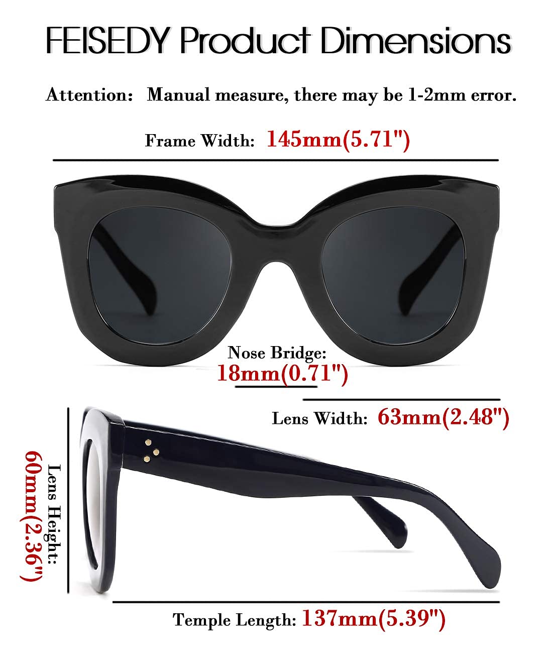 Retro Oversized Square Horn Sunglasses Semi Cat Eye Butterfly Glass Big Thick Bold Frame