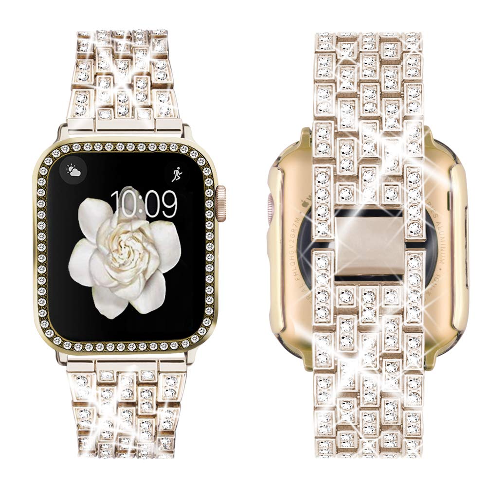 Supoix Compatible with Apple Watch Band 38mm 40mm 41mm 42mm 44mm 45mm 46mm 49mm+ Case, Women Jewelry Bling Diamond Rhinestone Replacement Metal Bands & 2 Pack PC Protector Case for iWatch Ultra 2/ Ultra Series 10/9/8/7/6/5/4/3/2/1/SE