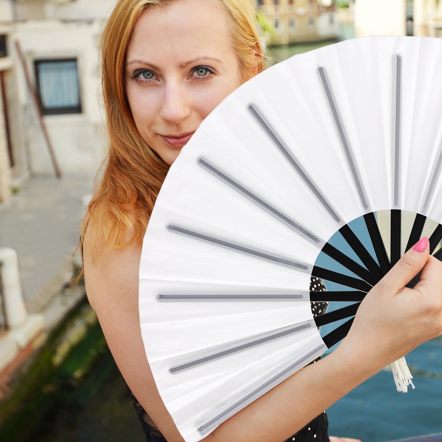 Blulu 4 Pcs Large Folding Fans for Line Dancing Big Silk Hand Clapping Popping Fans Bulk for Dancing Boots on The Ground Festival Party Decoration(Classic Style,Blue, Rose Red, Green, Red,13 Inch)