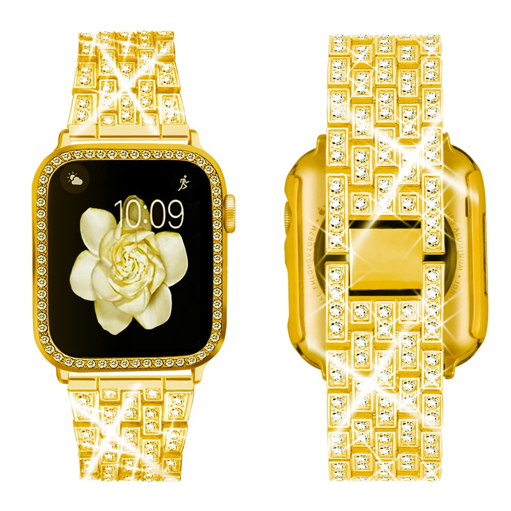 Supoix Compatible with Apple Watch Band 38mm 40mm 41mm 42mm 44mm 45mm 46mm 49mm+ Case, Women Jewelry Bling Diamond Rhinestone Replacement Metal Bands & 2 Pack PC Protector Case for iWatch Ultra 2/ Ultra Series 10/9/8/7/6/5/4/3/2/1/SE