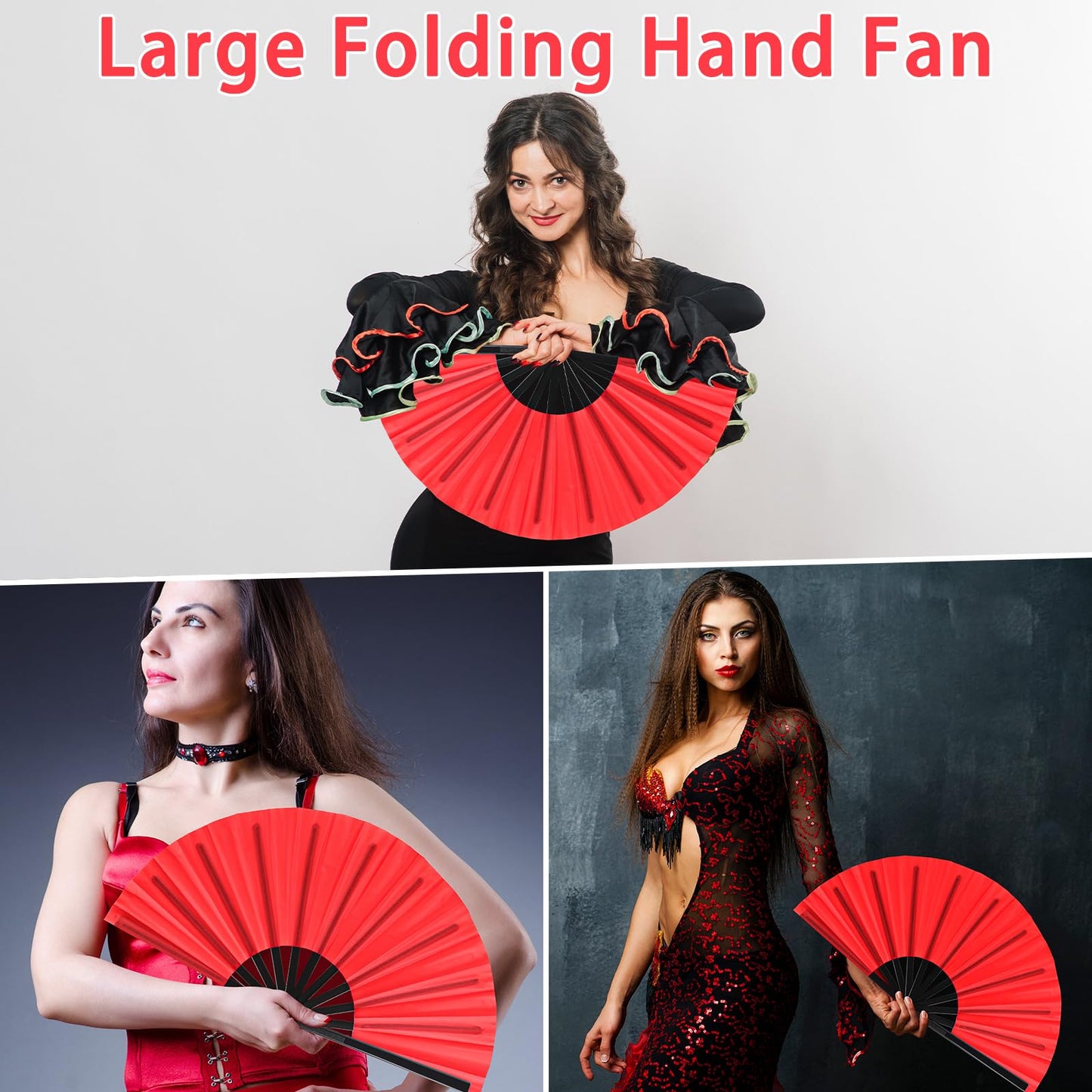 Blulu 4 Pcs Large Folding Fans for Line Dancing Big Silk Hand Clapping Popping Fans Bulk for Dancing Boots on The Ground Festival Party Decoration(Classic Style,Blue, Rose Red, Green, Red,13 Inch)