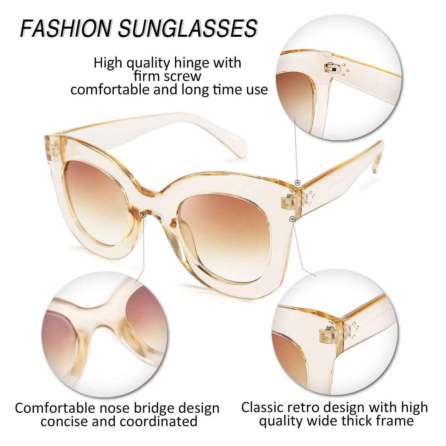 Retro Oversized Square Horn Sunglasses Semi Cat Eye Butterfly Glass Big Thick Bold Frame