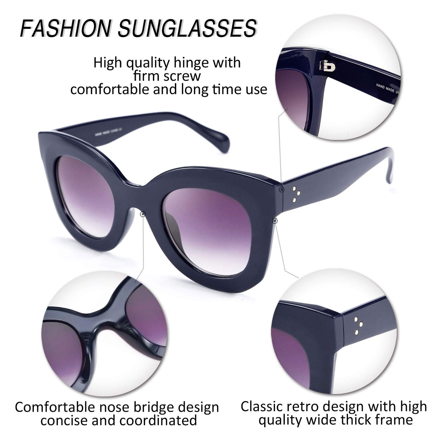 Retro Oversized Square Horn Sunglasses Semi Cat Eye Butterfly Glass Big Thick Bold Frame