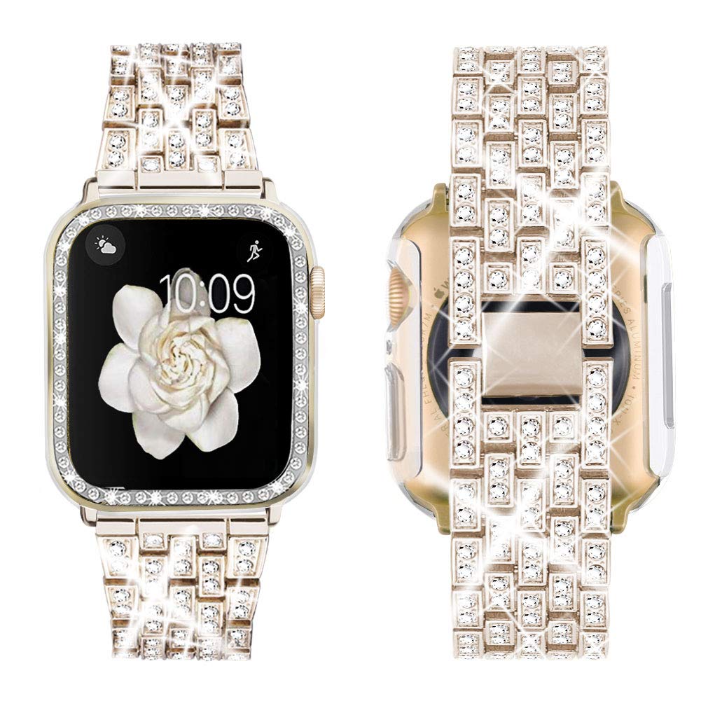 Supoix Compatible with Apple Watch Band 38mm 40mm 41mm 42mm 44mm 45mm 46mm 49mm+ Case, Women Jewelry Bling Diamond Rhinestone Replacement Metal Bands & 2 Pack PC Protector Case for iWatch Ultra 2/ Ultra Series 10/9/8/7/6/5/4/3/2/1/SE