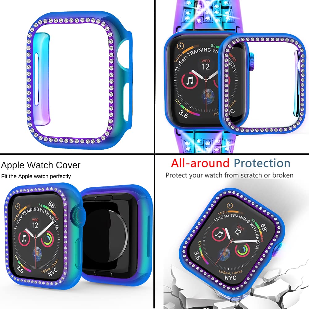 Supoix Compatible with Apple Watch Band 38mm 40mm 41mm 42mm 44mm 45mm 46mm 49mm+ Case, Women Jewelry Bling Diamond Rhinestone Replacement Metal Bands & 2 Pack PC Protector Case for iWatch Ultra 2/ Ultra Series 10/9/8/7/6/5/4/3/2/1/SE