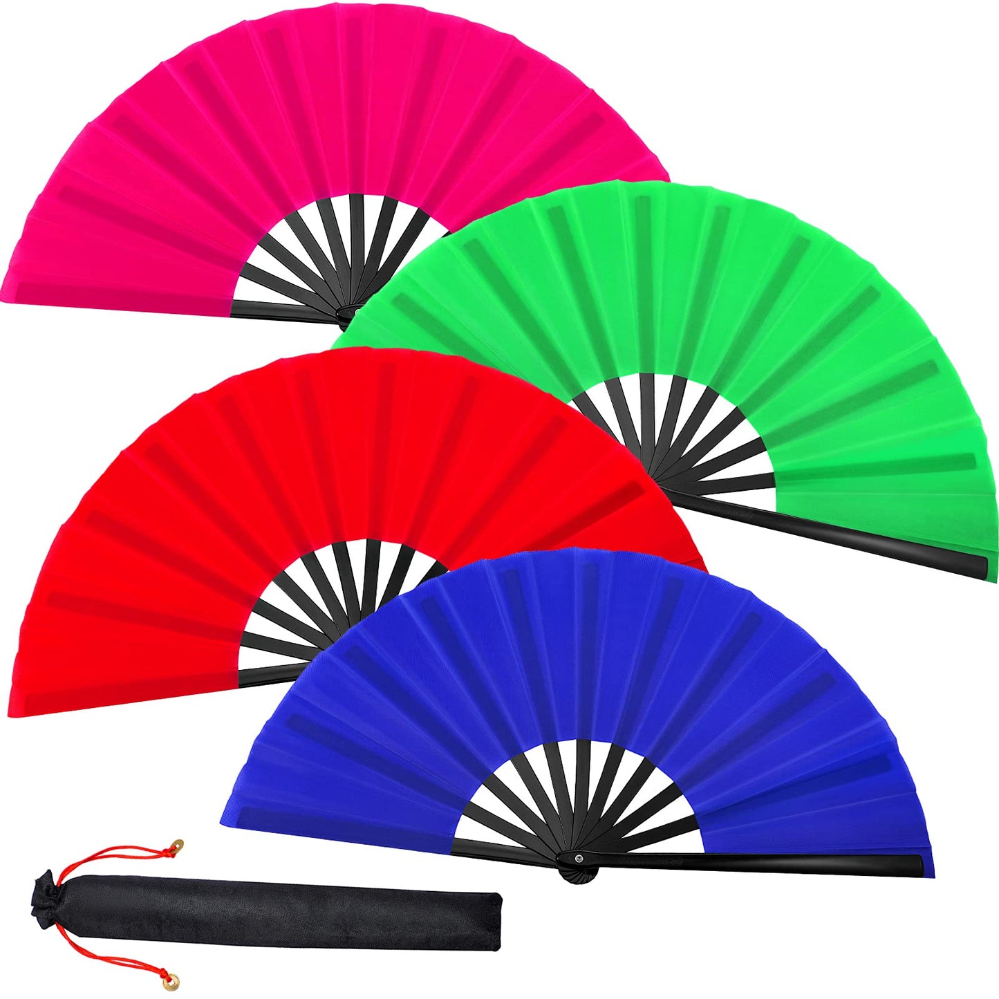 Blulu 4 Pcs Large Folding Fans for Line Dancing Big Silk Hand Clapping Popping Fans Bulk for Dancing Boots on The Ground Festival Party Decoration(Classic Style,Blue, Rose Red, Green, Red,13 Inch)