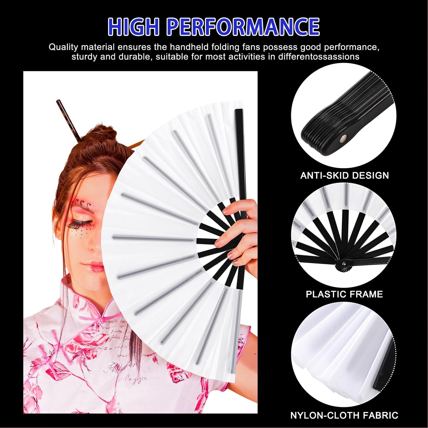 Blulu 4 Pcs Large Folding Fans for Line Dancing Big Silk Hand Clapping Popping Fans Bulk for Dancing Boots on The Ground Festival Party Decoration(Classic Style,Blue, Rose Red, Green, Red,13 Inch)