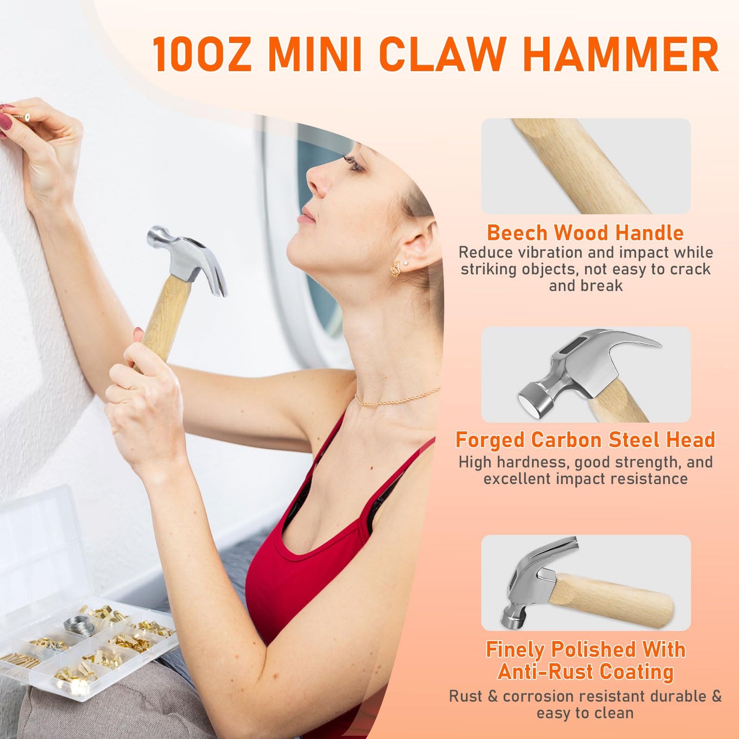 1002pcs Hardware Nails Assortment Kit, Nails for Hanging Pictures, Small Wall Nails for Hanging, Finishing Nails, Common Wood Nails, Mini 8oz Claw Hammer and Nails Set with Magnetic Wristband