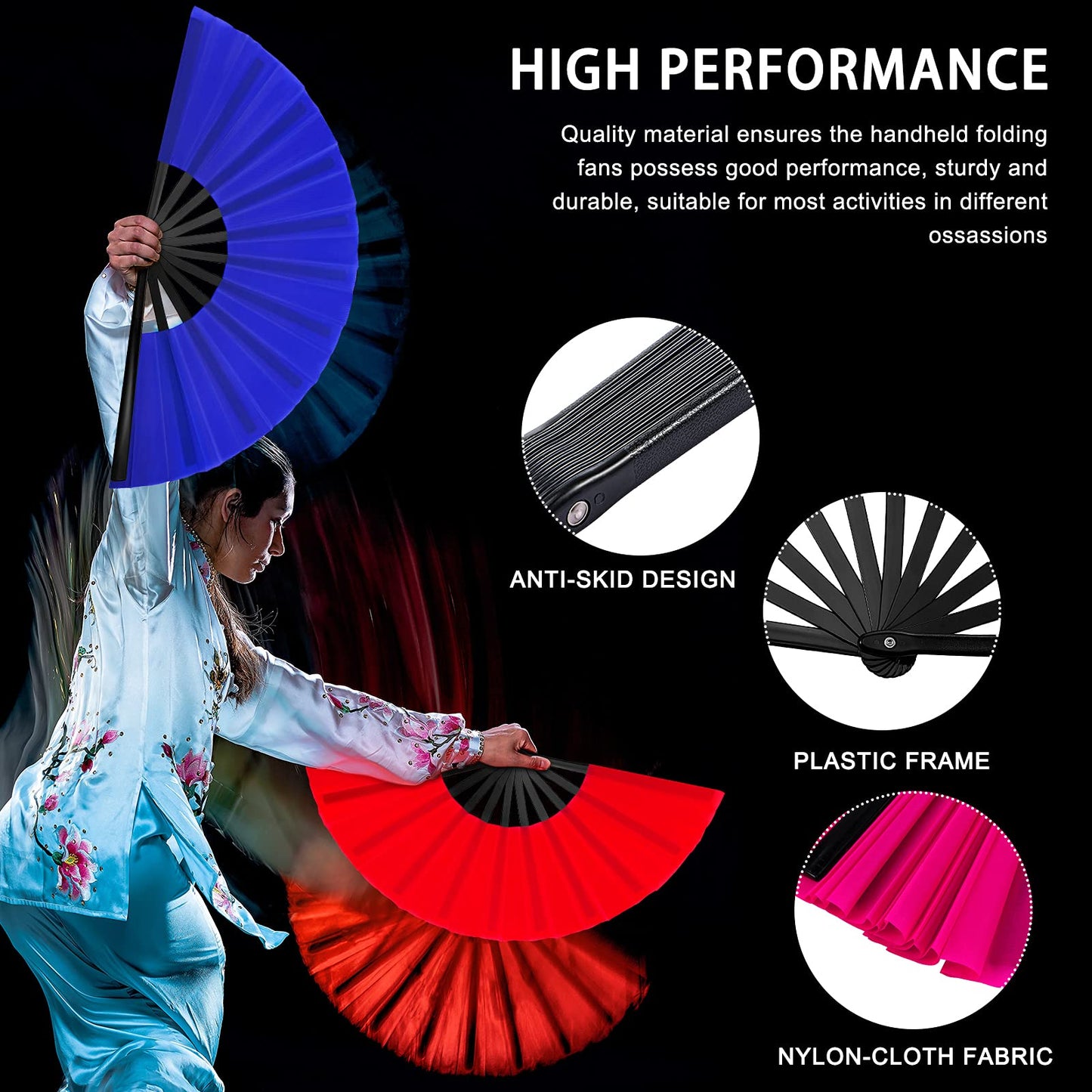 Blulu 4 Pcs Large Folding Fans for Line Dancing Big Silk Hand Clapping Popping Fans Bulk for Dancing Boots on The Ground Festival Party Decoration(Classic Style,Blue, Rose Red, Green, Red,13 Inch)