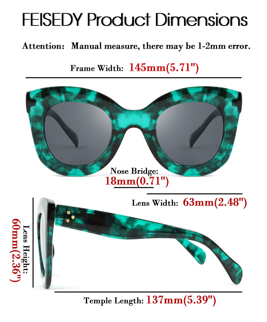 Retro Oversized Square Horn Sunglasses Semi Cat Eye Butterfly Glass Big Thick Bold Frame