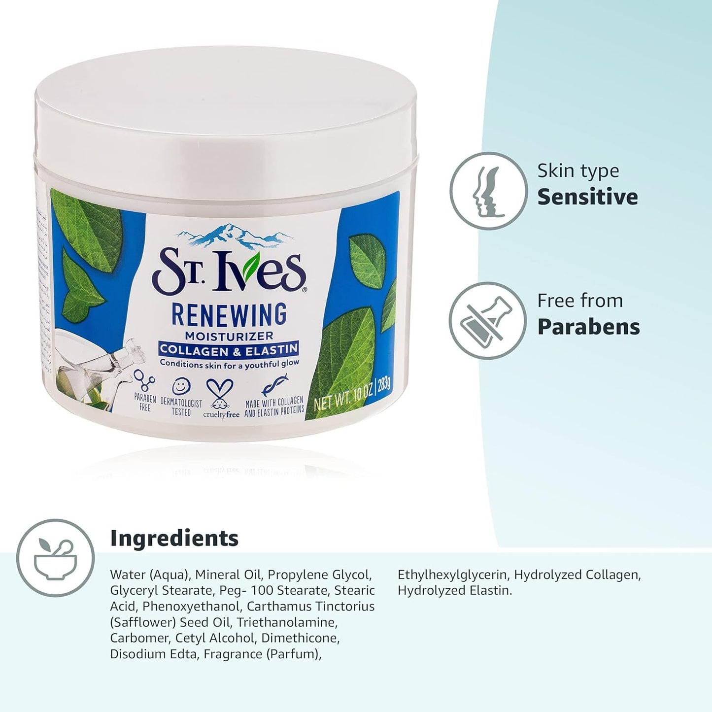 St. Ives Face Moisturizer Cream, Collagen and Elastin, Renewing Facial Moisturizer for Women, Paraben Free, Dermatologist Tested Daily Moisturizing for Dry Skin Cruelty Free, 10 oz