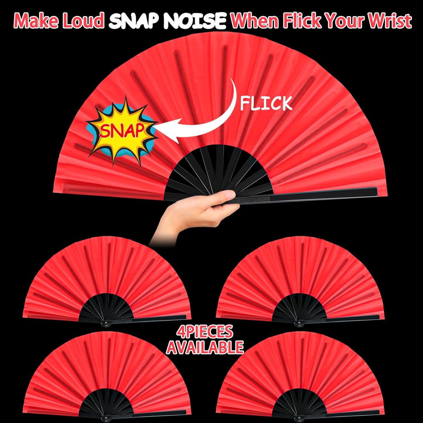 Blulu 4 Pcs Large Folding Fans for Line Dancing Big Silk Hand Clapping Popping Fans Bulk for Dancing Boots on The Ground Festival Party Decoration(Classic Style,Blue, Rose Red, Green, Red,13 Inch)