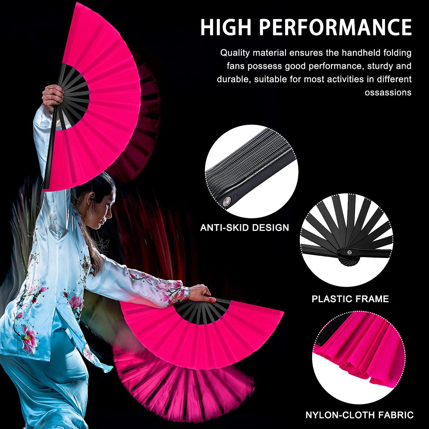 Blulu 4 Pcs Large Folding Fans for Line Dancing Big Silk Hand Clapping Popping Fans Bulk for Dancing Boots on The Ground Festival Party Decoration(Classic Style,Blue, Rose Red, Green, Red,13 Inch)