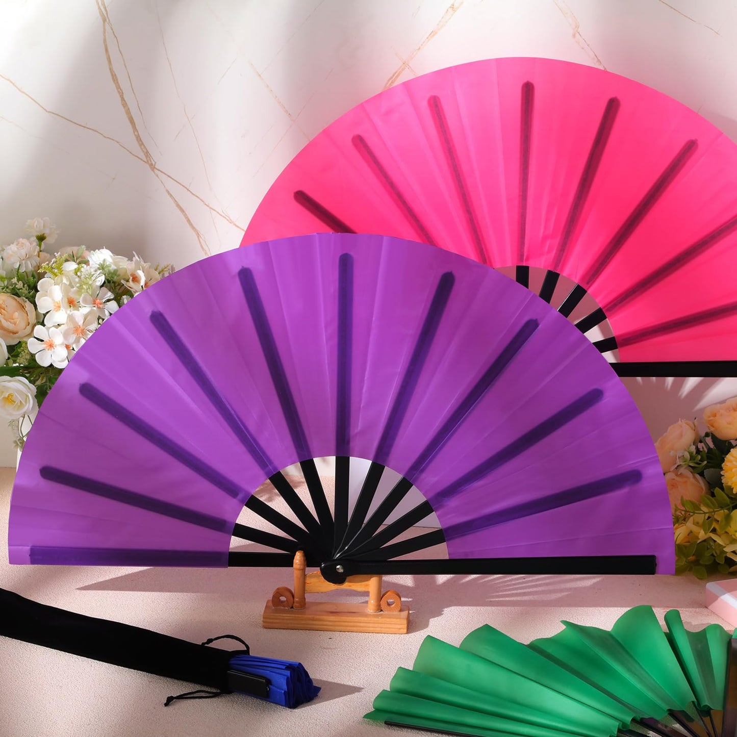 Blulu 4 Pcs Large Folding Fans for Line Dancing Big Silk Hand Clapping Popping Fans Bulk for Dancing Boots on The Ground Festival Party Decoration(Classic Style,Blue, Rose Red, Green, Red,13 Inch)