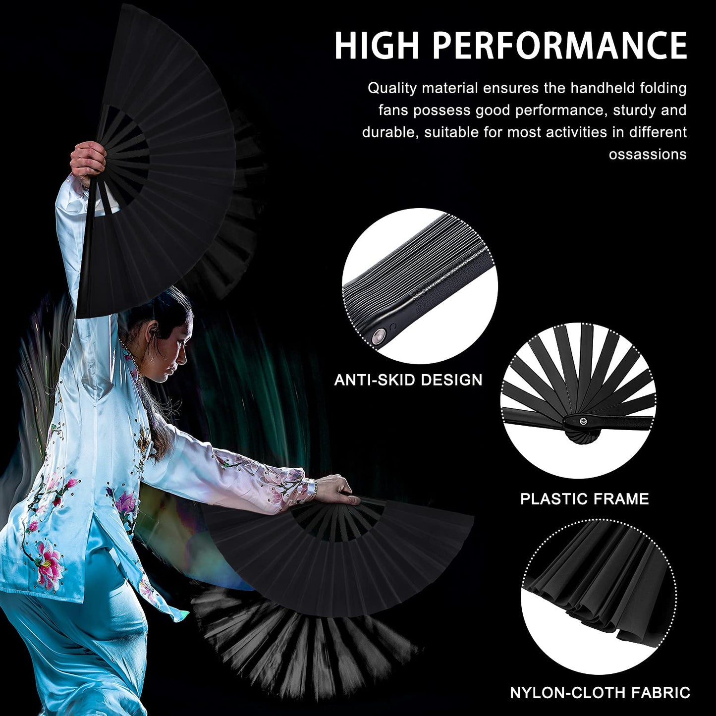 Blulu 4 Pcs Large Folding Fans for Line Dancing Big Silk Hand Clapping Popping Fans Bulk for Dancing Boots on The Ground Festival Party Decoration(Classic Style,Blue, Rose Red, Green, Red,13 Inch)