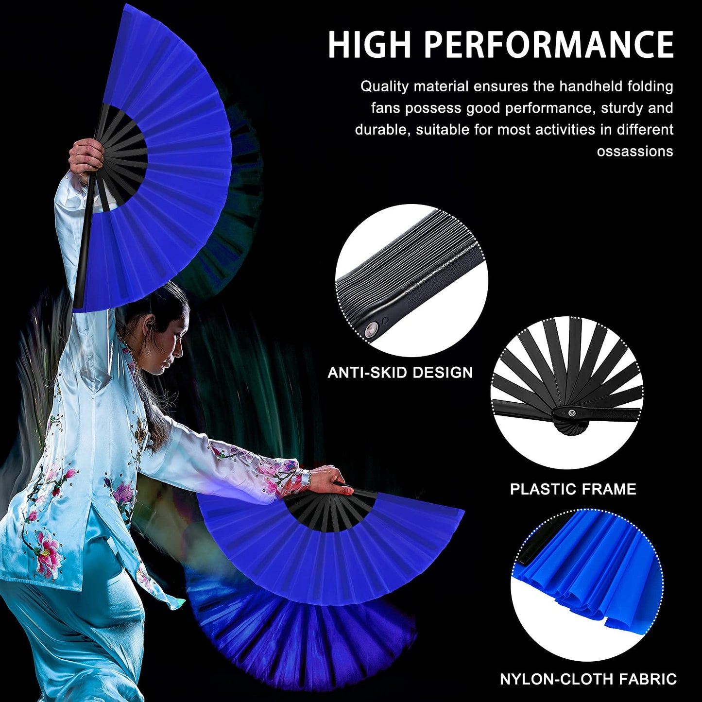 Blulu 4 Pcs Large Folding Fans for Line Dancing Big Silk Hand Clapping Popping Fans Bulk for Dancing Boots on The Ground Festival Party Decoration(Classic Style,Blue, Rose Red, Green, Red,13 Inch)