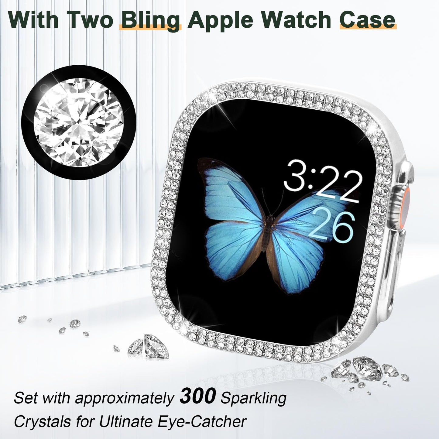 Supoix Compatible with Apple Watch Band 38mm 40mm 41mm 42mm 44mm 45mm 46mm 49mm+ Case, Women Jewelry Bling Diamond Rhinestone Replacement Metal Bands & 2 Pack PC Protector Case for iWatch Ultra 2/ Ultra Series 10/9/8/7/6/5/4/3/2/1/SE