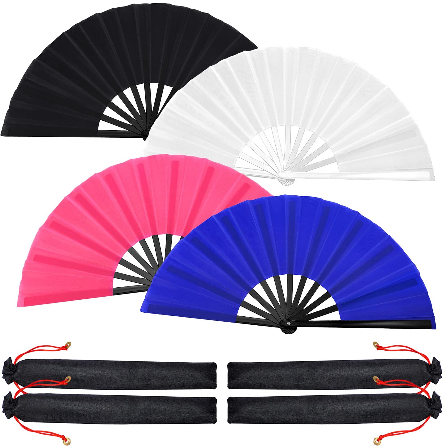 Blulu 4 Pcs Large Folding Fans for Line Dancing Big Silk Hand Clapping Popping Fans Bulk for Dancing Boots on The Ground Festival Party Decoration(Classic Style,Blue, Rose Red, Green, Red,13 Inch)