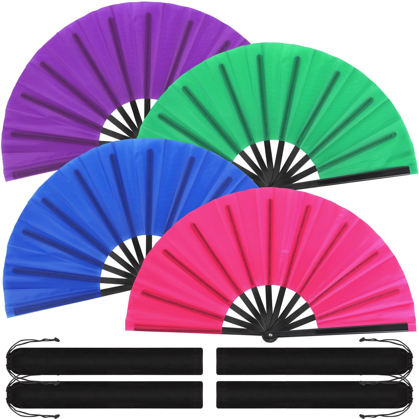 Blulu 4 Pcs Large Folding Fans for Line Dancing Big Silk Hand Clapping Popping Fans Bulk for Dancing Boots on The Ground Festival Party Decoration(Classic Style,Blue, Rose Red, Green, Red,13 Inch)