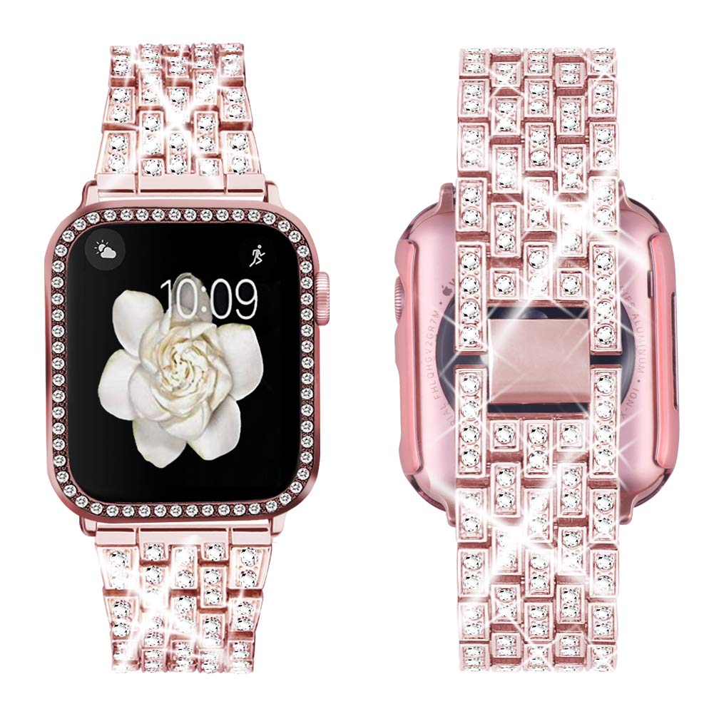 Supoix Compatible with Apple Watch Band 38mm 40mm 41mm 42mm 44mm 45mm 46mm 49mm+ Case, Women Jewelry Bling Diamond Rhinestone Replacement Metal Bands & 2 Pack PC Protector Case for iWatch Ultra 2/ Ultra Series 10/9/8/7/6/5/4/3/2/1/SE
