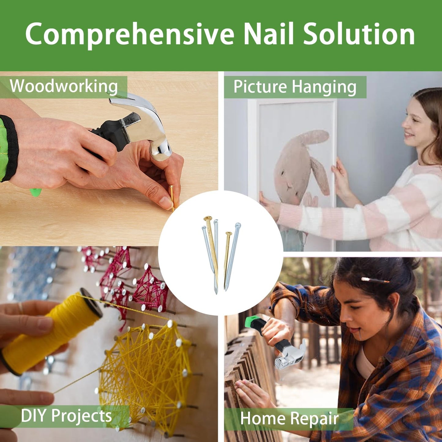 1002pcs Hardware Nails Assortment Kit, Nails for Hanging Pictures, Small Wall Nails for Hanging, Finishing Nails, Common Wood Nails, Mini 8oz Claw Hammer and Nails Set with Magnetic Wristband