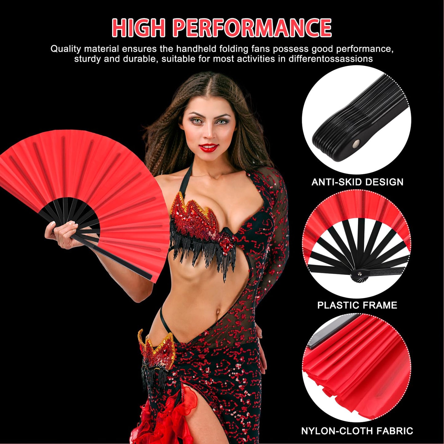 Blulu 4 Pcs Large Folding Fans for Line Dancing Big Silk Hand Clapping Popping Fans Bulk for Dancing Boots on The Ground Festival Party Decoration(Classic Style,Blue, Rose Red, Green, Red,13 Inch)