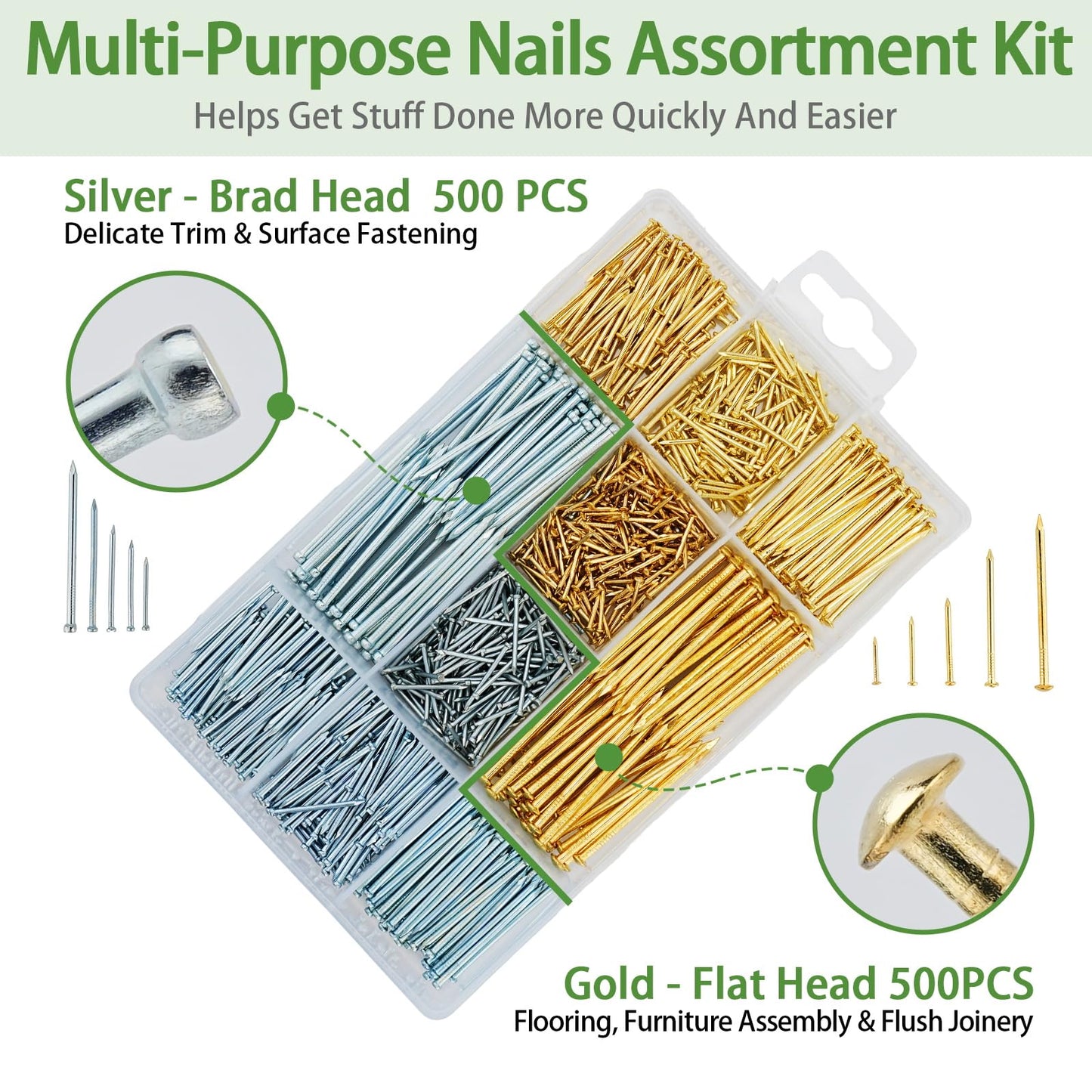 1002pcs Hardware Nails Assortment Kit, Nails for Hanging Pictures, Small Wall Nails for Hanging, Finishing Nails, Common Wood Nails, Mini 8oz Claw Hammer and Nails Set with Magnetic Wristband