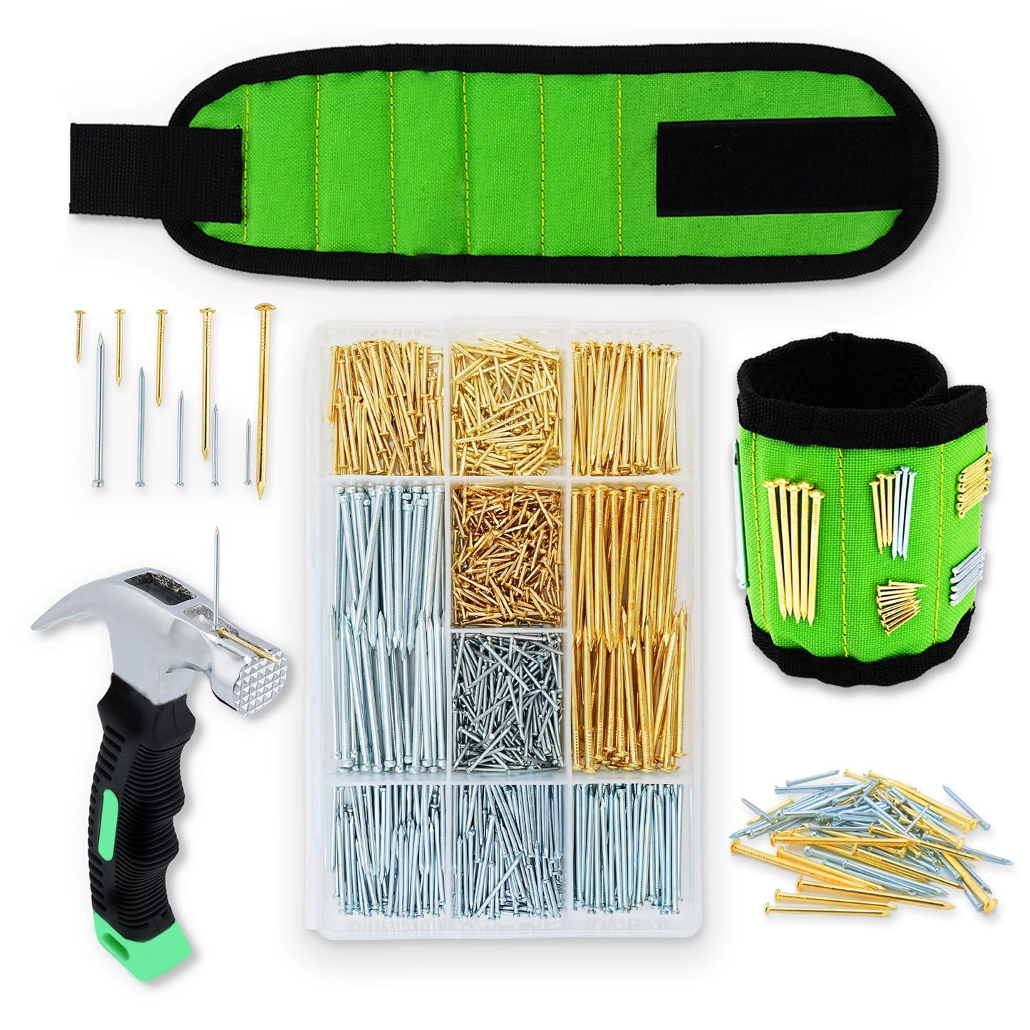 1002pcs Hardware Nails Assortment Kit, Nails for Hanging Pictures, Small Wall Nails for Hanging, Finishing Nails, Common Wood Nails, Mini 8oz Claw Hammer and Nails Set with Magnetic Wristband