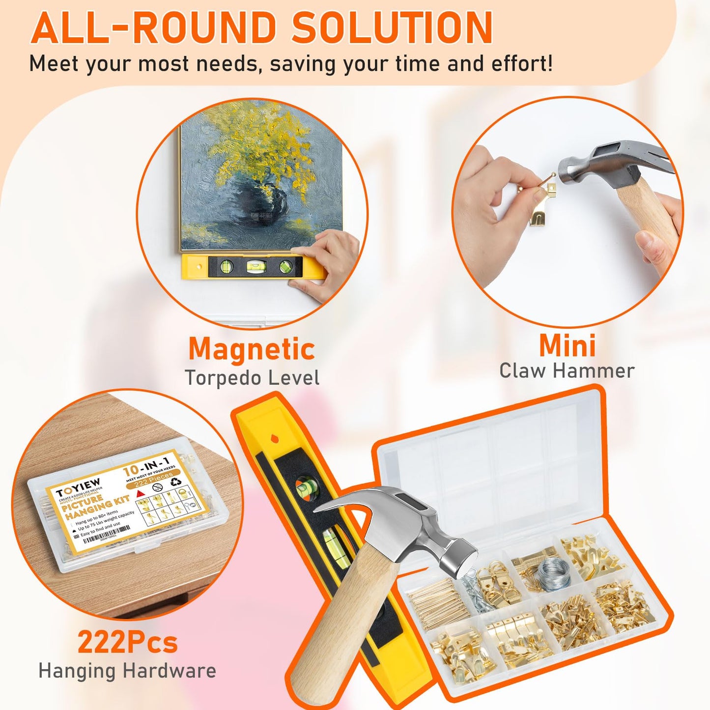 1002pcs Hardware Nails Assortment Kit, Nails for Hanging Pictures, Small Wall Nails for Hanging, Finishing Nails, Common Wood Nails, Mini 8oz Claw Hammer and Nails Set with Magnetic Wristband