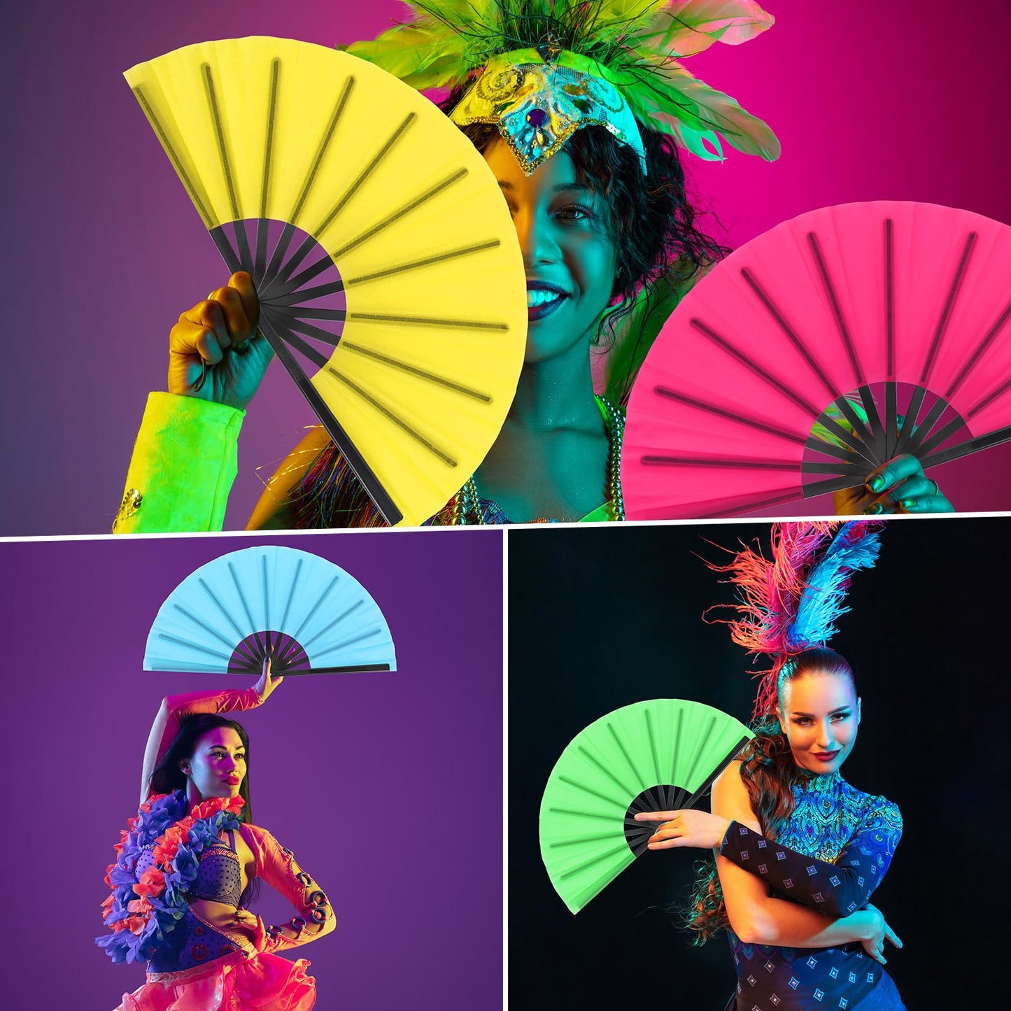 Blulu 4 Pcs Large Folding Fans for Line Dancing Big Silk Hand Clapping Popping Fans Bulk for Dancing Boots on The Ground Festival Party Decoration(Classic Style,Blue, Rose Red, Green, Red,13 Inch)