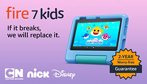 Amazon Fire 7 Kids tablet (newest model) ages 3-7. Top-selling 7" kids tablet on Amazon. Includes ad-free and exclusive content, easy parental controls, 10-hr battery, 32 GB, Blue