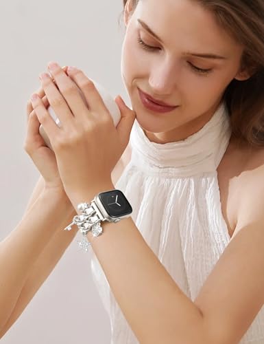 Silver Watch Bands for Women Compatible with Apple Watch Band 38mm 40mm 41mm 42mm (S10) Adjustable Unique Charms Metal Strap Cowboy Chain Bracelet for iWatch Series 10/9/8/7/6/5/4/3/2/1/SE