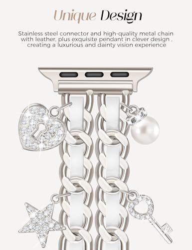 Silver Watch Bands for Women Compatible with Apple Watch Band 38mm 40mm 41mm 42mm (S10) Adjustable Unique Charms Metal Strap Cowboy Chain Bracelet for iWatch Series 10/9/8/7/6/5/4/3/2/1/SE