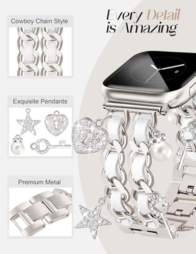 Silver Watch Bands for Women Compatible with Apple Watch Band 38mm 40mm 41mm 42mm (S10) Adjustable Unique Charms Metal Strap Cowboy Chain Bracelet for iWatch Series 10/9/8/7/6/5/4/3/2/1/SE
