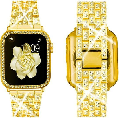 Supoix Compatible with Apple Watch Band 38mm 40mm 41mm 42mm 44mm 45mm 46mm 49mm+ Case, Women Jewelry Bling Diamond Rhinestone Replacement Metal Bands & 2 Pack PC Protector Case for iWatch Ultra 2/ Ultra Series 10/9/8/7/6/5/4/3/2/1/SE