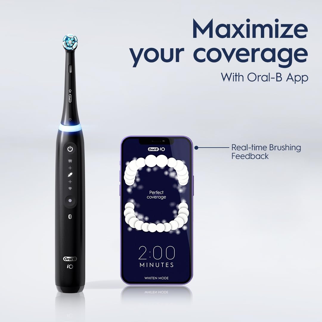 Oral-B iO Deep Clean + Whiten Rechargeable Electric Toothbrush with Visible Pressure Sensor, 2 Minute Timer, 5 Cleaning Settings, 1 iO5 Limited, 3 Toothbrush Heads, Travel Case & Refill Holder, Black