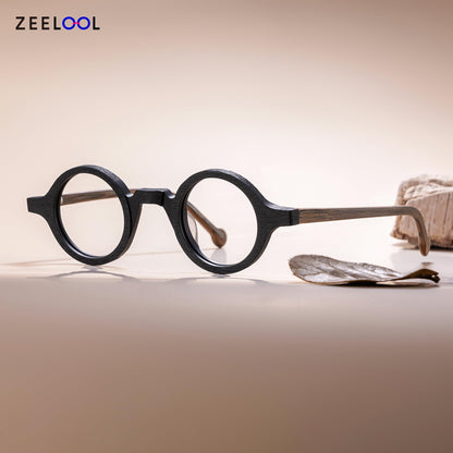 Vintage Small Round Blue Light Blocking Glasses for Men Women Wood Grain Acetate Eyewear