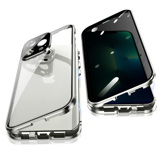 Anti Peeping Case for iPhone 13 Pro Max, 360 Degree Protection Cover, Privacy Tempered Glass Anti-Spy Case Cover, Magnetic Adsorption Bumper Metal Frame Case for 13 Pro Max (Silver)