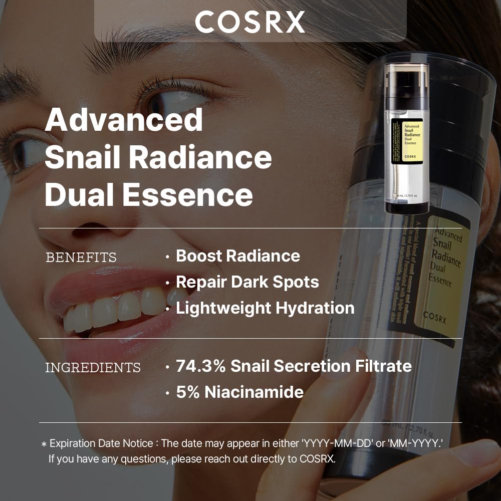 COSRX Niacinamide 5% + Snail Mucin 74% Dual Essence, Anti Aging Face Serum for Dull Skin, Mothers day gifts for mom, Sensitive Skin, Not Tested on Animals, Korean Skin Care, 2.70 fl.oz / 80ml