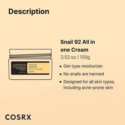 COSRX Snail Mucin 92% Face Moisturizer, 3.52 Oz, Lightweight Moisturing Cream for Soft, Glowy Skin, Korean Skin Care, Korean Moisturizer Face Cream
