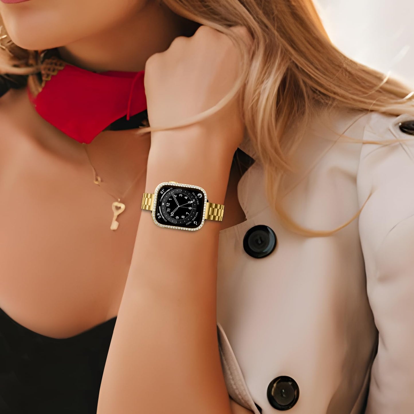 Slim Stainless Steel Band Compatible with Apple Watch 38mm 40mm 41mm 42mm 44mm 45mm, Bands with Bling Case Screen Protector for iWatch Series 9/8/7/6/5/4/3/2/1/SE
