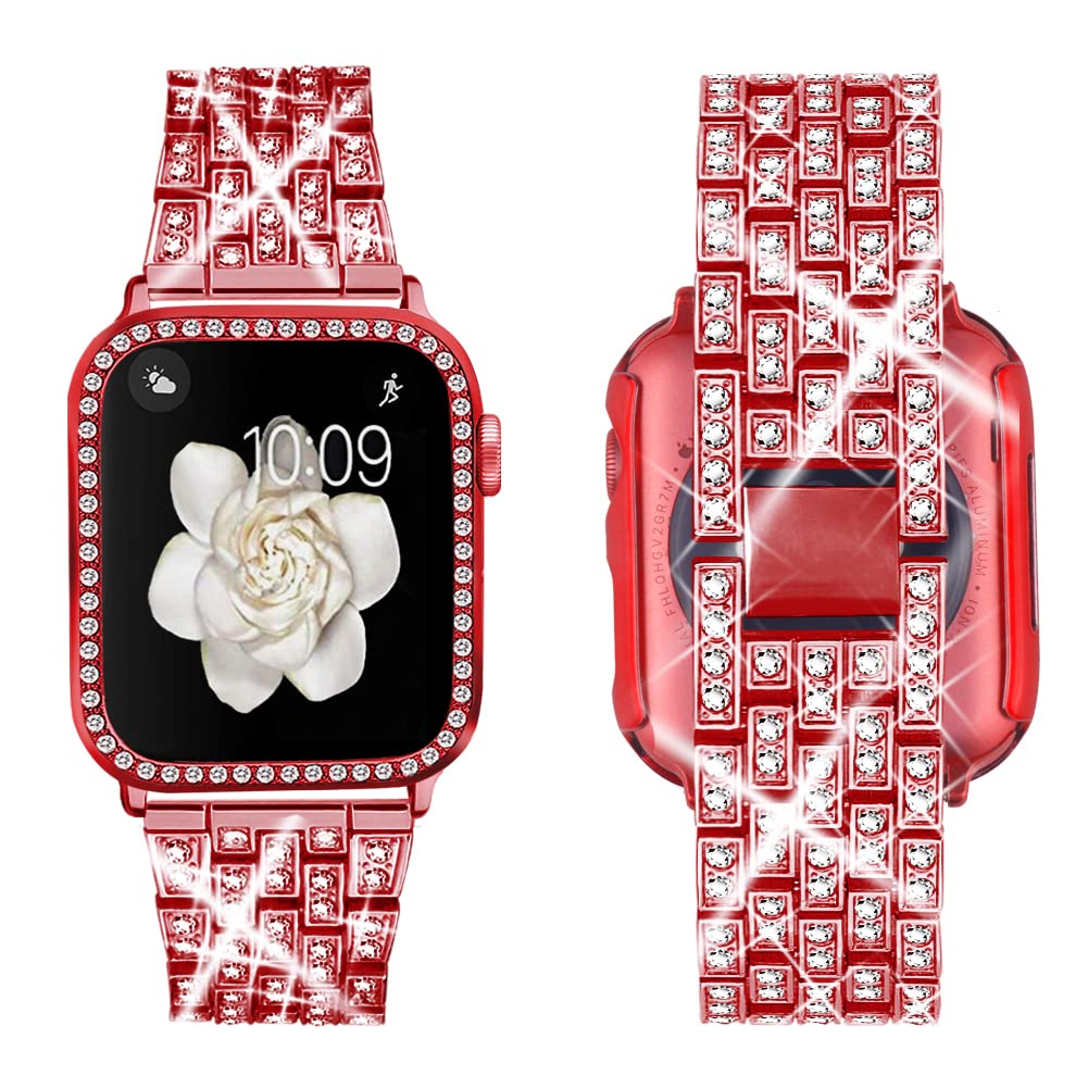 Supoix Compatible with Apple Watch Band 38mm 40mm 41mm 42mm 44mm 45mm 46mm 49mm+ Case, Women Jewelry Bling Diamond Rhinestone Replacement Metal Bands & 2 Pack PC Protector Case for iWatch Ultra 2/ Ultra Series 10/9/8/7/6/5/4/3/2/1/SE