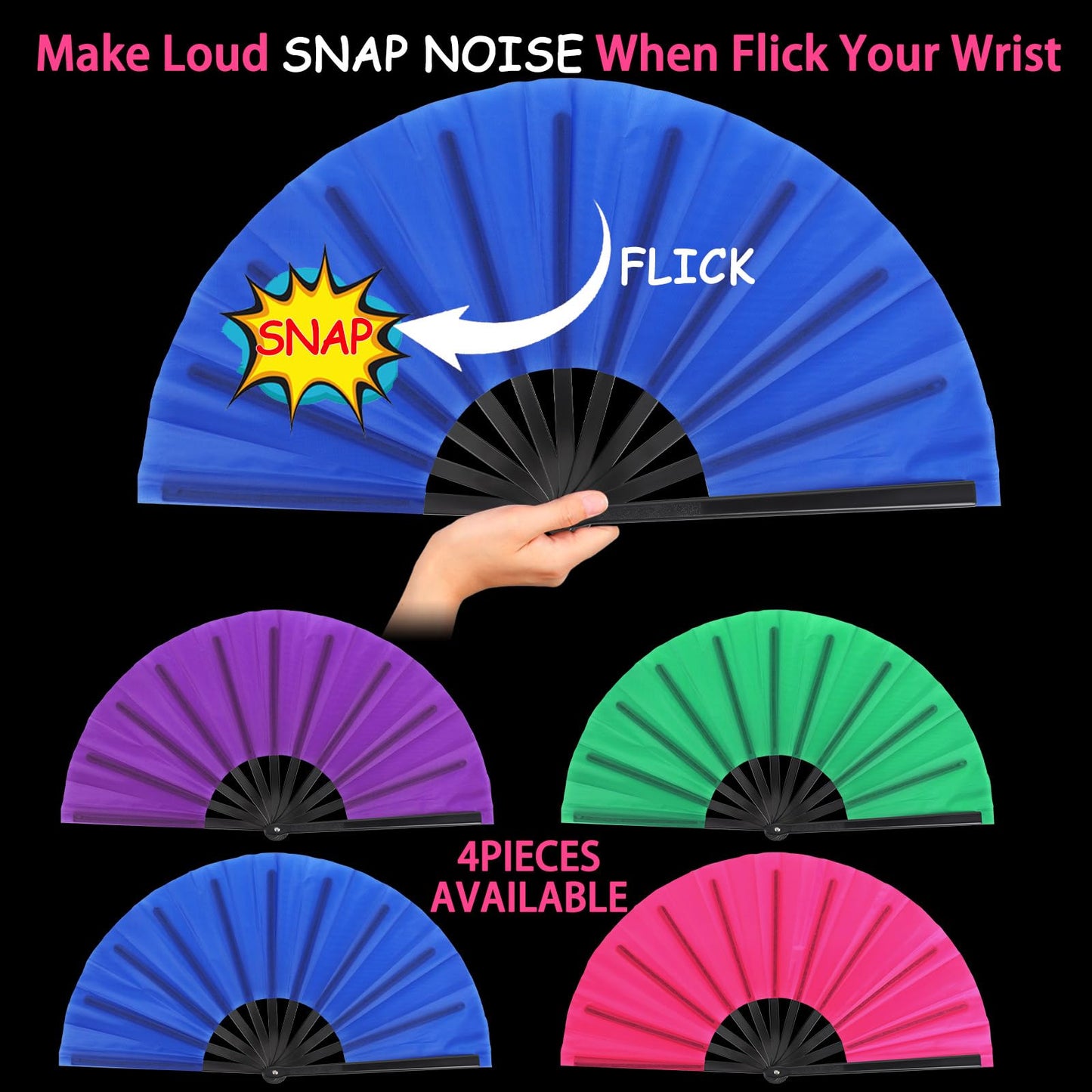 Blulu 4 Pcs Large Folding Fans for Line Dancing Big Silk Hand Clapping Popping Fans Bulk for Dancing Boots on The Ground Festival Party Decoration(Classic Style,Blue, Rose Red, Green, Red,13 Inch)