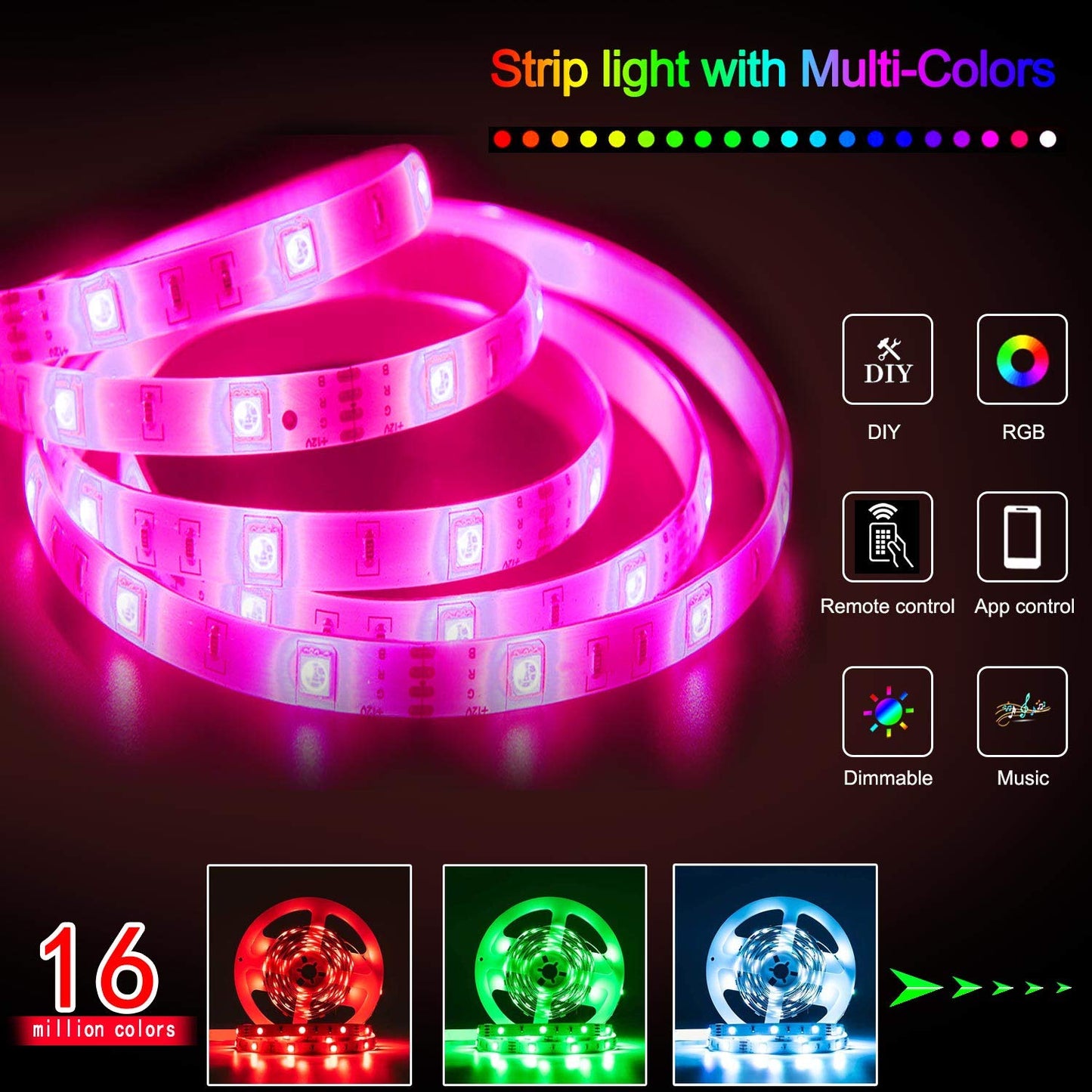 LED Strip Lights 100ft, Bluetooth and APP Control, Multicolor RGB Light Strips, Music Sync Color Changing for Bedroom Indoor