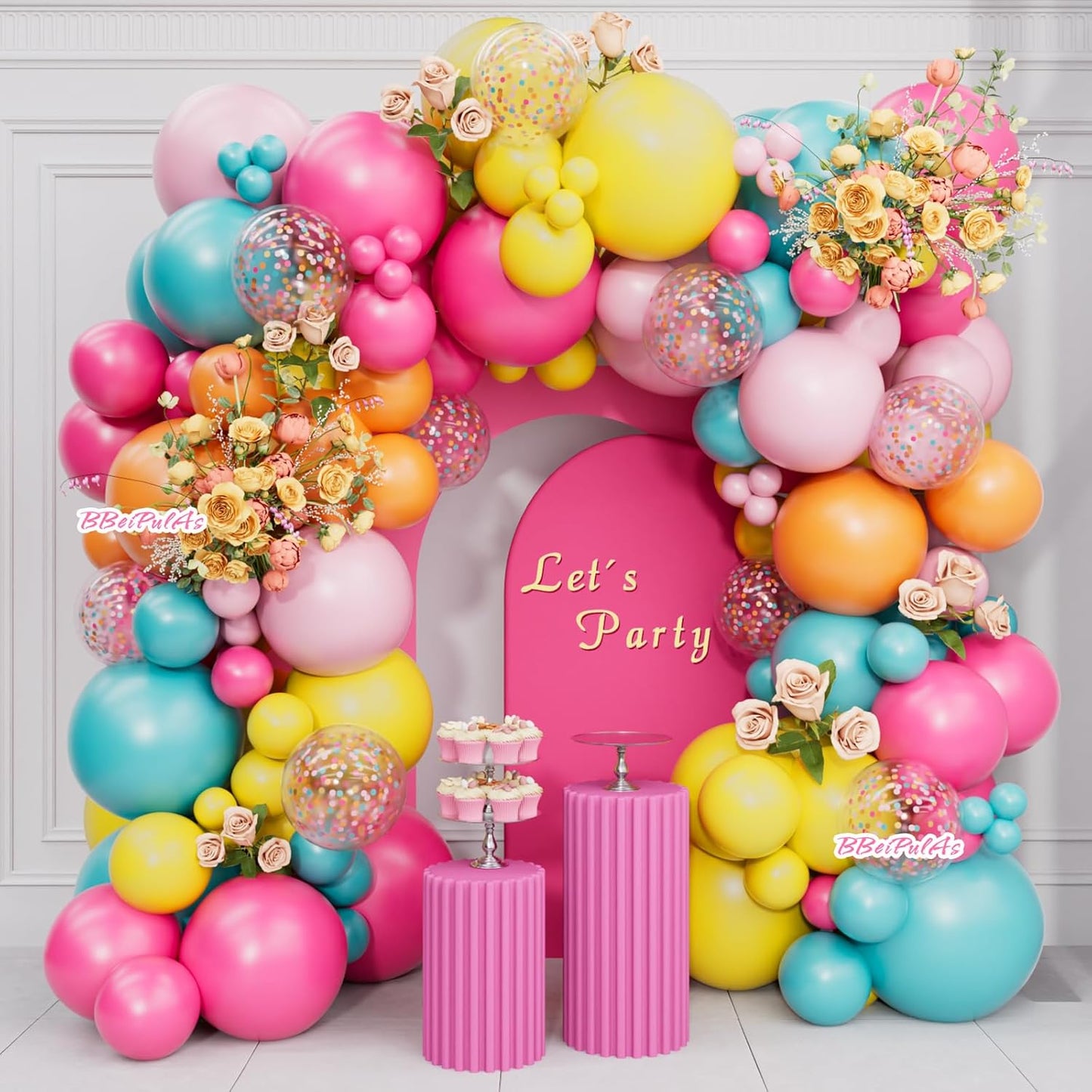 Tropical Balloon Arch Kit 12inch Hot Pink Orange Yellow Green Teal Latex Confetti Balloons for Luau Tropical Hawaii Flamingo Coachella Party Theme