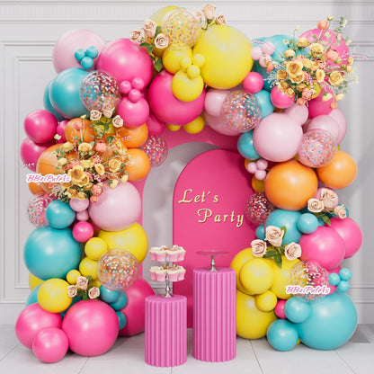 Tropical Balloon Arch Kit 12inch Hot Pink Orange Yellow Green Teal Latex Confetti Balloons for Luau Tropical Hawaii Flamingo Coachella Party Theme