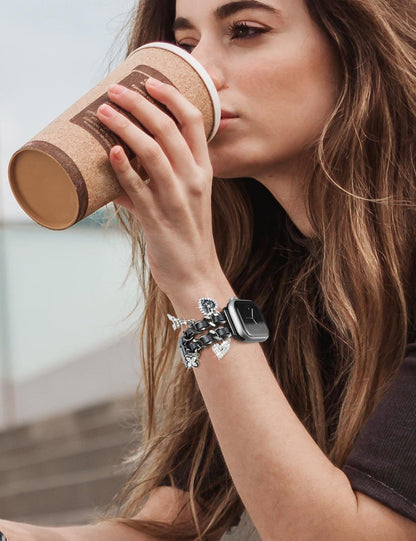 Silver Watch Bands for Women Compatible with Apple Watch Band 38mm 40mm 41mm 42mm (S10) Adjustable Unique Charms Metal Strap Cowboy Chain Bracelet for iWatch Series 10/9/8/7/6/5/4/3/2/1/SE